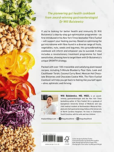 Back cover of a gut health cookbook by Dr. Will Bulsiewicz with vegetable illustrations and author details.