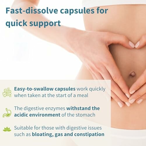 Person holding hands on stomach with text about fast-dissolve capsules for digestive support.