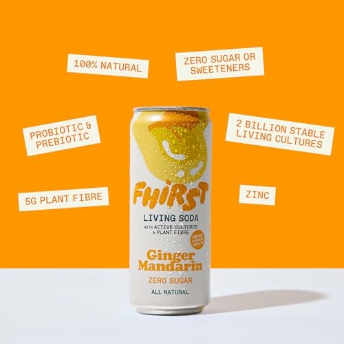 Fhrst Living Soda Ginger Mandarin can with health benefits listed.