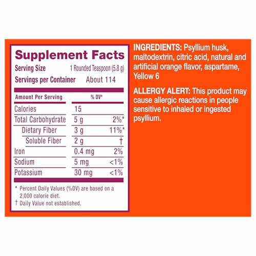 Supplement facts and allergy alert for fiber supplement.