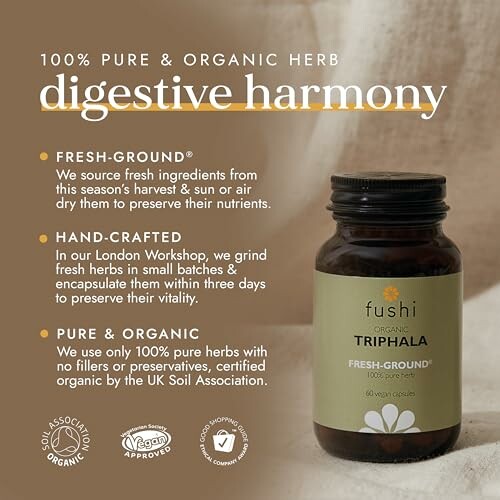 Fushi Organic Triphala supplement description and benefits.