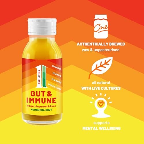 Kombucha shot bottle with health benefits listed