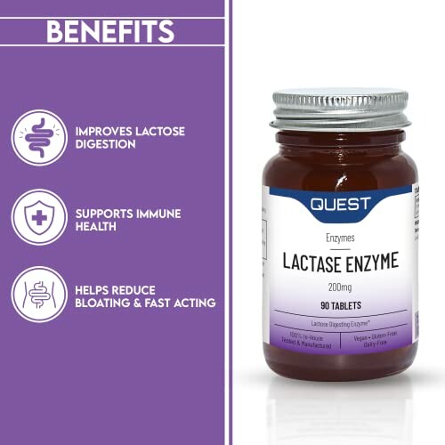 Lactase enzyme supplement bottle with benefits listed.