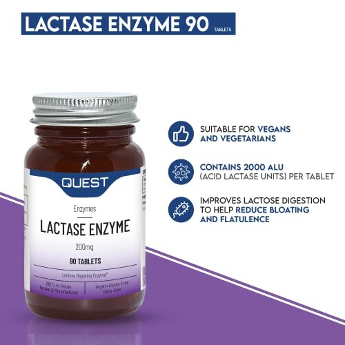 Lactase enzyme supplement bottle with benefits for lactose digestion.