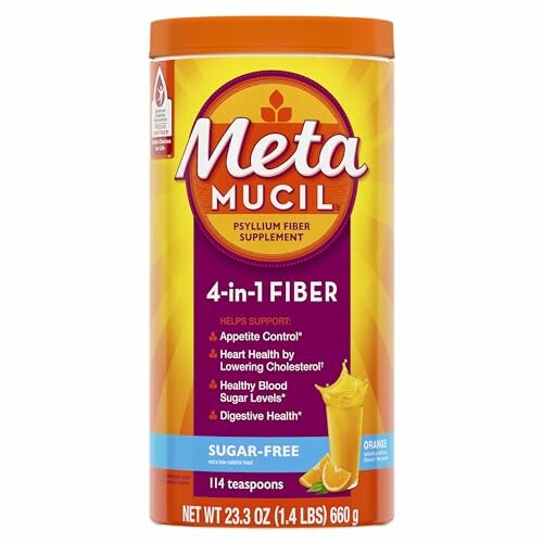 Metamucil 4-in-1 Fiber Supplement container, sugar-free, orange flavor.