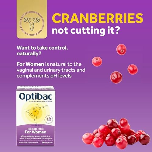 Optibac supplement for women ad with cranberries.