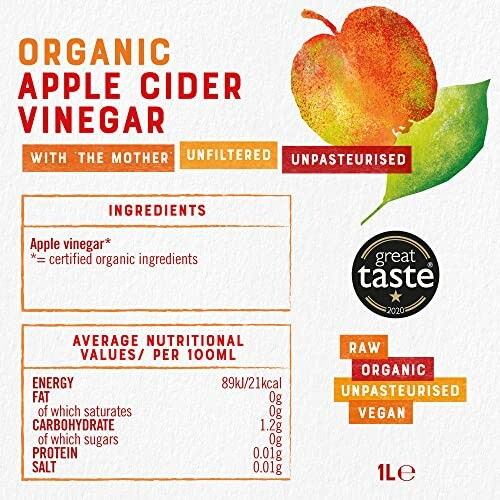 Label of organic apple cider vinegar with nutrition facts and certifications.