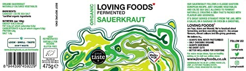 Label of Loving Foods Organic Fermented Sauerkraut with nutritional information and ingredients.