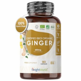 Bottle of Certified Organic Ginger supplement with 90 capsules.