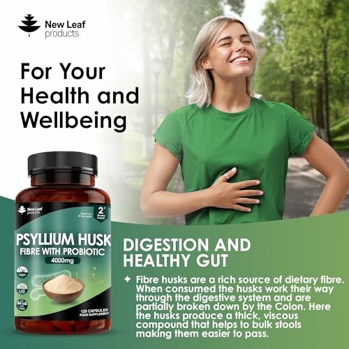 Smiling woman outdoors holding a Psyllium Husk supplement bottle.