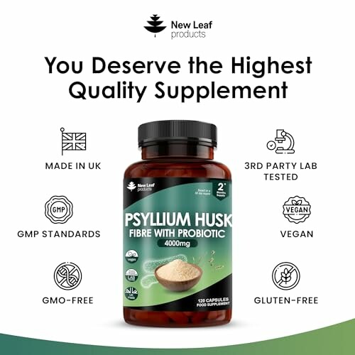 Psyllium Husk supplement bottle with smiling woman outdoors.