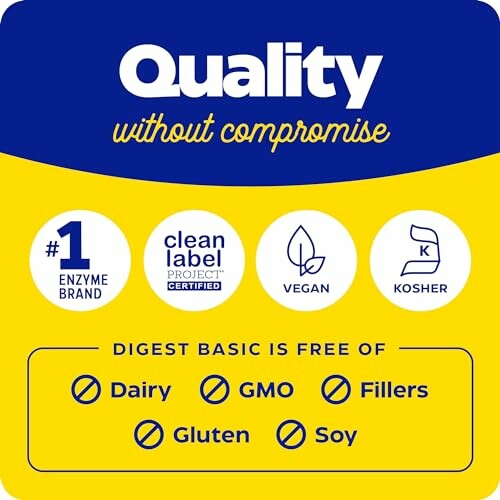 Supplement label showing quality assurance, enzyme brand, clean label, vegan, kosher, free of dairy, GMO, fillers, gluten, soy.