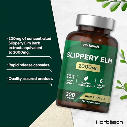 Slippery Elm 2000mg supplement bottle with product details.