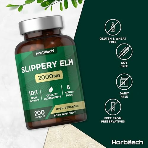 Slippery Elm supplement bottle with features: gluten-free, soy-free, dairy-free, preservative-free.