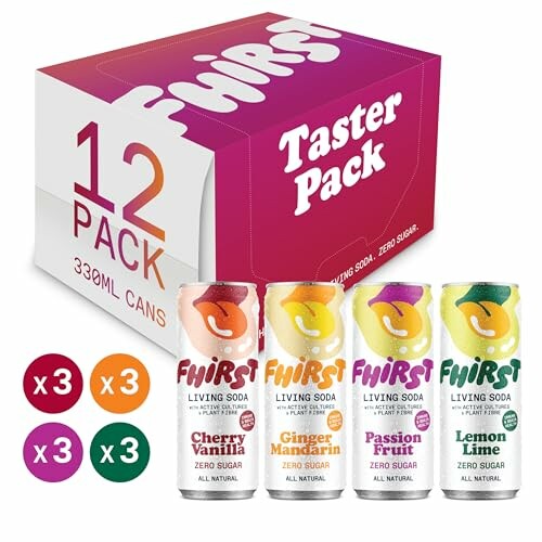 Taster pack of Fwirst living soda with four flavors: Cherry Vanilla, Ginger Mandarin, Passion Fruit, Lemon Lime.