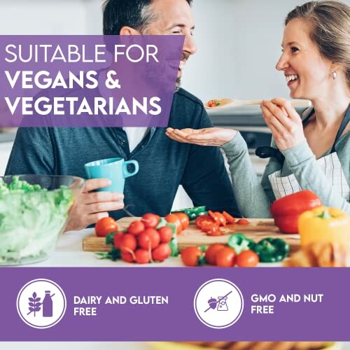 Couple cooking with fresh vegetables, suitable for vegans and vegetarians, dairy and gluten free, GMO and nut free.